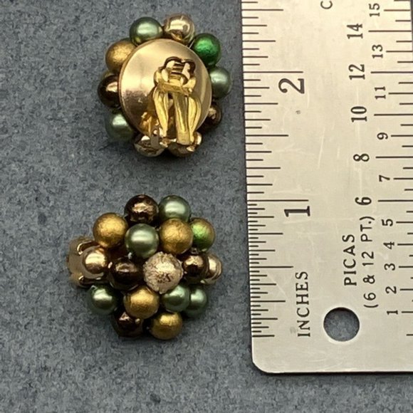 Clip On Earrings Cluster Japan Gold Brown Blue Green Pearl Textured Granny - Picture 5 of 5